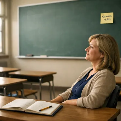 Docente reflexionando al inicio de la semana con actitud serena
